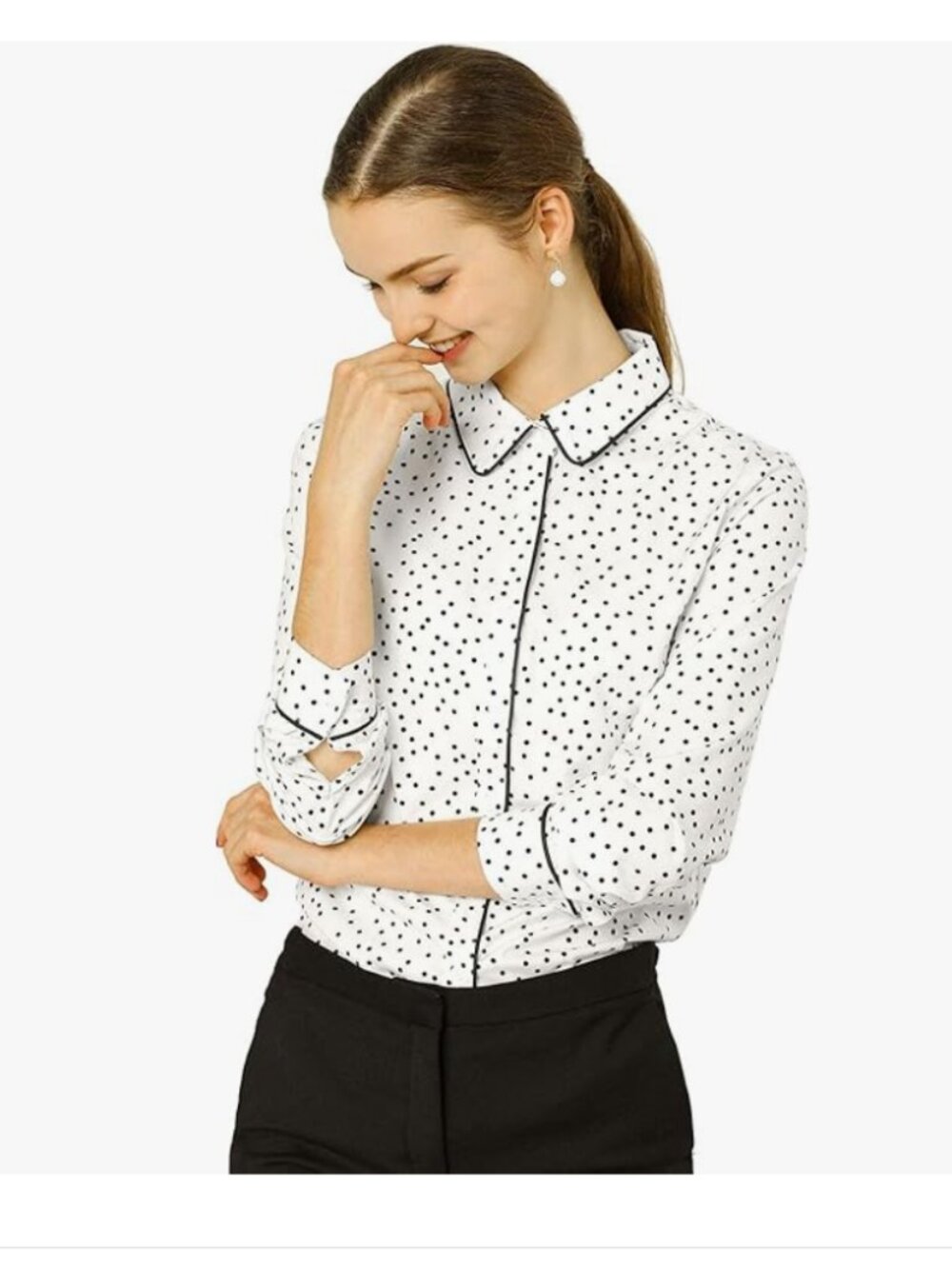 Allegra K White Blouse with Black Polka Dot Trim XXL